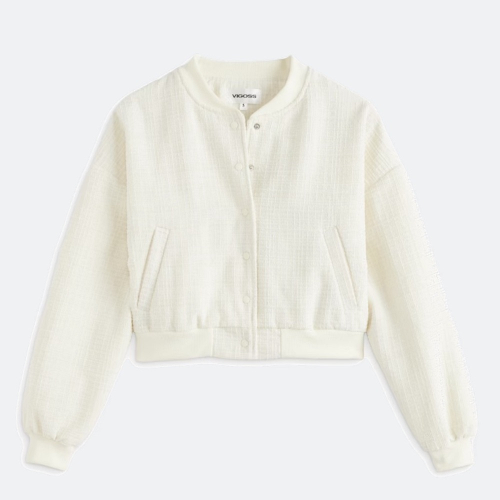 VIGOSS Cream Textured Tweed Bomber Jacket